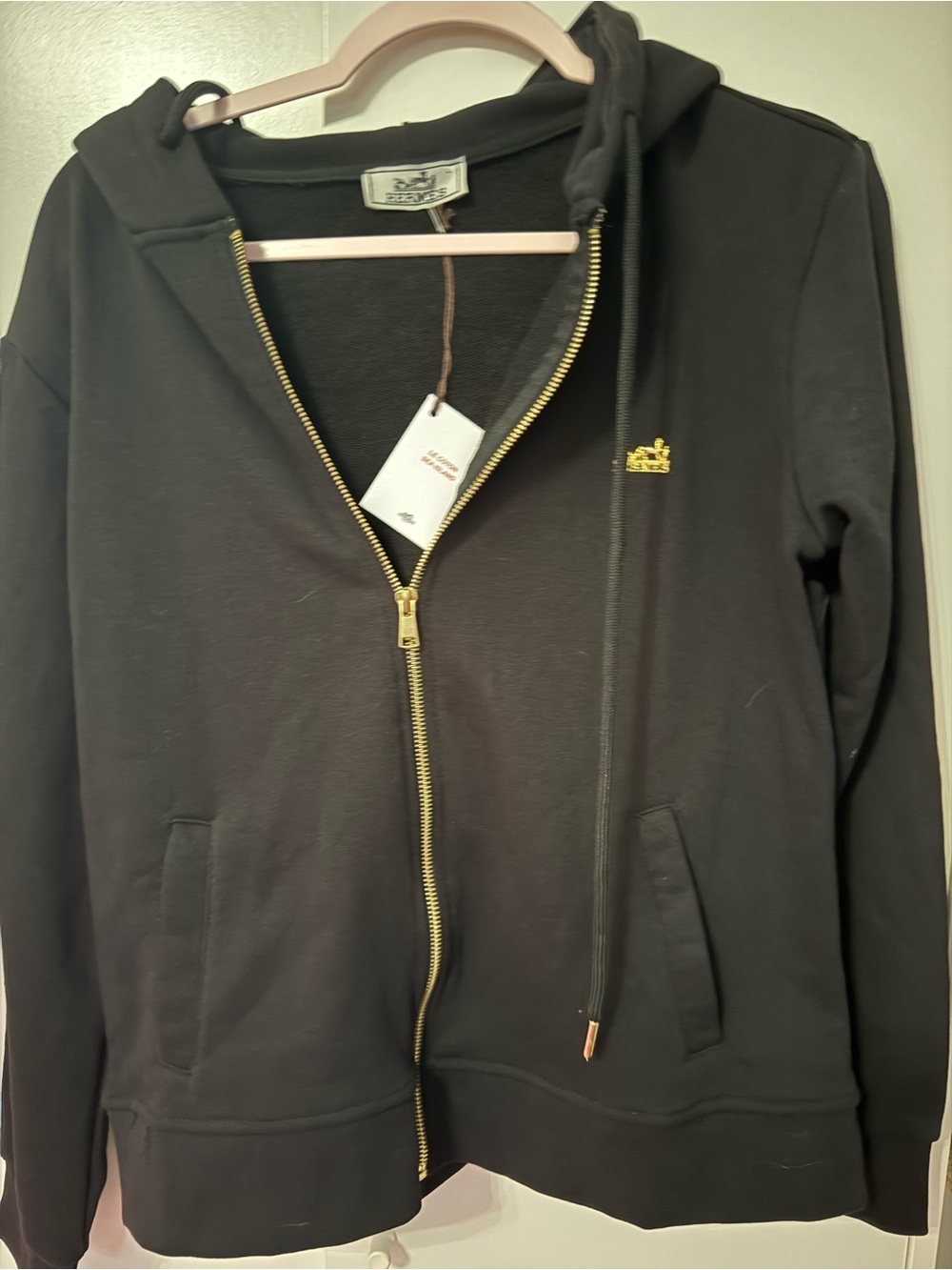 Hermes Black Hoodie with Gold Logo and Zip